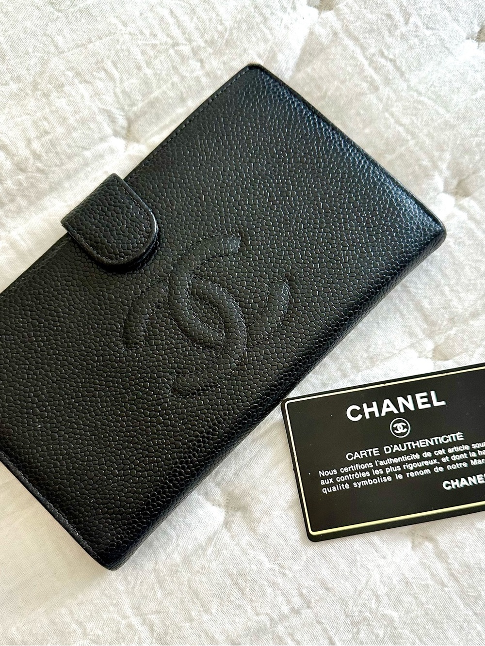 CHANEL Black Caviar Leather Long Wallet with Embossed CC